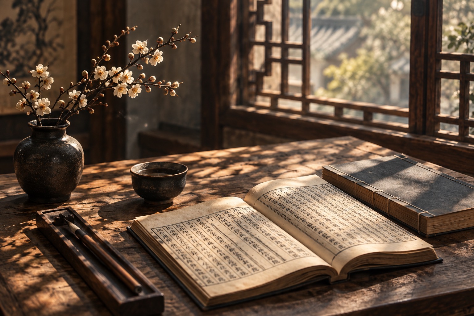 木窗前的古籍、茶盏与梅花